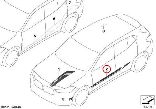 Adhésif décoratif pour la porte d'entrée gauche OEM 51145A05F11 pour BMW F39. BMW d'origine.