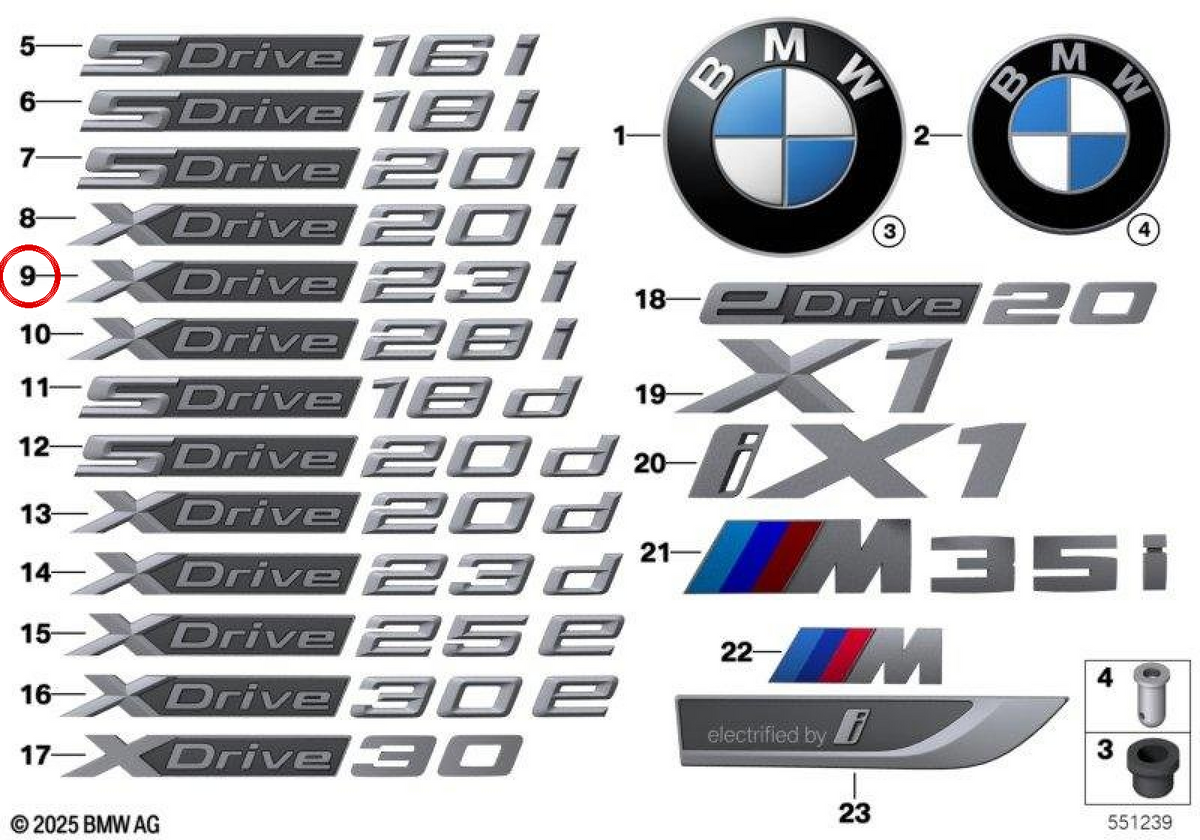 Emblema «x1» OEM 51145A09870 per BMW U11. BMW originale.