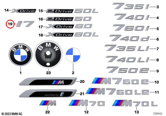 Emblème "Schriftzug" OEM 51145A0CDB2 pour BMW G70. BMW d'origine.