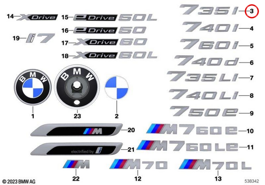 Emblema traseiro 735i OEM 51145A17E83 para BMW Série 7 G70 735i (11EH, 12EH) Original BMW.