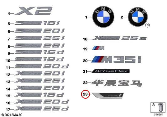 Emblema "elettrificato da i" lato sinistro OEM 51145A261A7 per BMW F39. BMW originale.