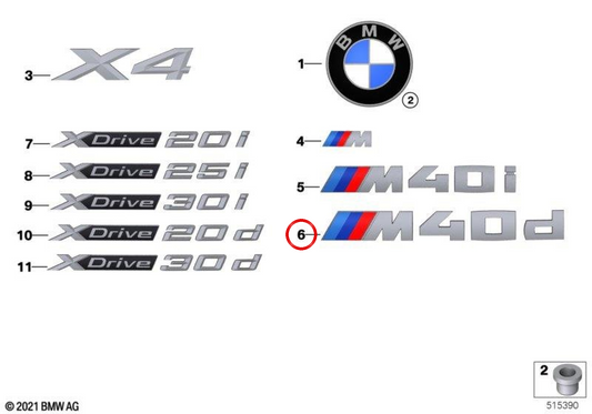 Emblema posteriore "M40D" OEM 51145A261D7 per BMW X4 G02 (Modelli M40D: 71Cab, 72Cab, 81Cab, 82Cab). BMW originale.