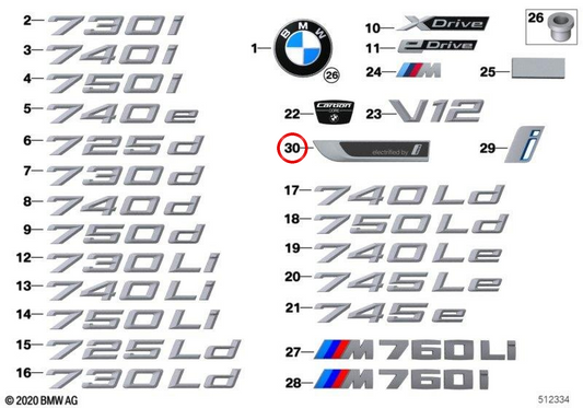 Emblema "Schriftzug" do lado esquerdo OEM 51145A2E8F3 para BMW G11, G12. BMW genuíno.