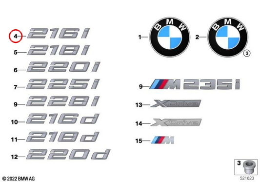 Inscripción trasera OEM 51145A450F9 para BMW F44 Gran Coupé 216i (06/2021 - 09/2024). Original BMW.
