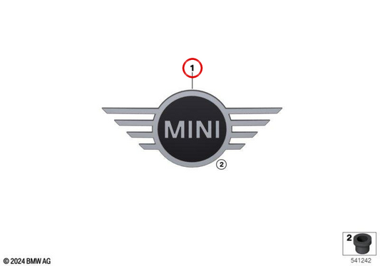 Emblema frontal OEM 51145A4FF08 para Mini F56 Cooper C, Cooper S e Cabrio F67. Mini original.