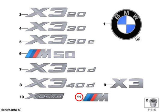 Emblema lateral da carroçaria OEM 51145A628D3 para BMW X3 G45, X3L G48. Original BMW.