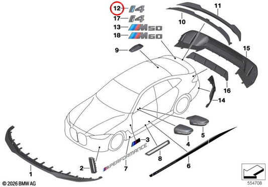 Emblema para portón trasero negro brillante OEM 51145A63542 para BMW G26. Original BMW.