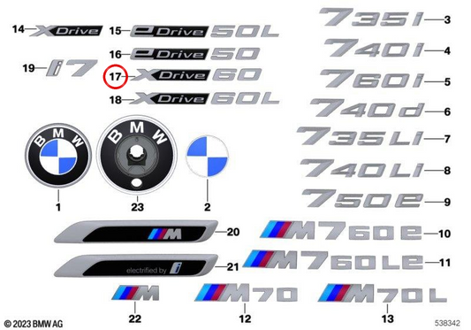 Emblema "i7" OEM 51145A63D13 para BMW G70. Original BMW.