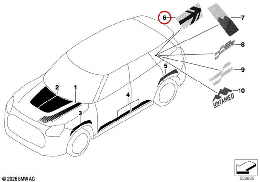Beschriftung linke C-Säule OEM 51145A6DDE5 für MINI Countryman U25 (10/2022 - 03/2025). Originaler MINI.