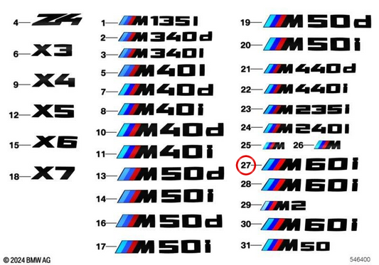 Emblema "M60I" BMW OEM 51145A722F4 per BMW X5 (G05) e BMW X6 (G06). Ideale per sostituire o aggiornare il logo posteriore della BMW. Prodotto BMW originale.