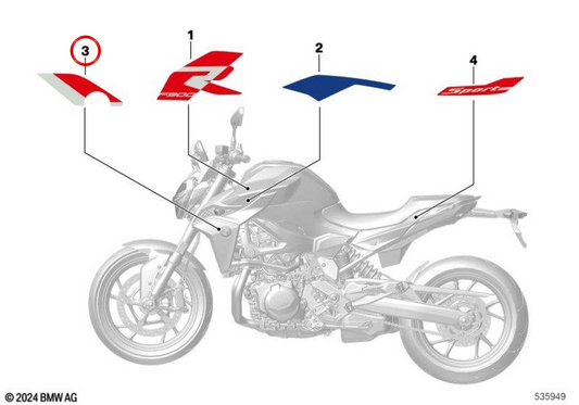 Right radiator trim OEM 51145A738E2 for BMW F900R, F900R A2 motorcycles. Original BMW Motorrad.