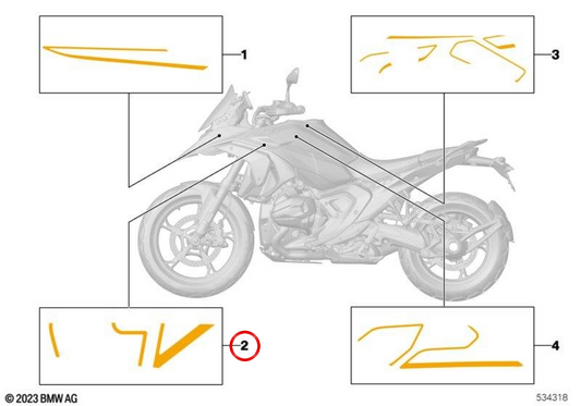 Decorazione rivestimento laterale anteriore sinistro OEM 51145A7ED15 per BMW Motorrad R 1300 GS. BMW Motorrad originale.
