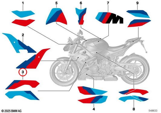 Décoration de garniture latérale inférieure droite OEM 51145B3A712 pour motos BMW M 1000 R (0R51, 0R53) et S 1000 R (K63). BMW Motorrad d'origine.