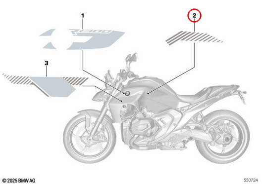 Decoração da tampa do tanque traseiro direito OEM 51145B46AC6 para BMW Motorrad R1300 R. Original BMW Motorrad.