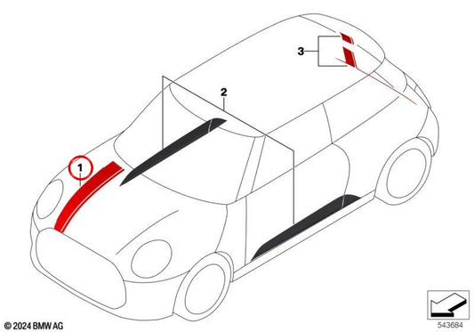 Lâmina adesiva para capot JCW Chili Red OEM 51145B4EAB0 para MINI F65, F66, F67 Cooper C, Cooper S… e mais. Original MINI.