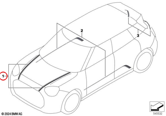 Foglio adesivo per cofano OEM preferito 51145B658E5 per MINI Aceman J05, JCW Aceman E... e altro ancora. MINI originale.
