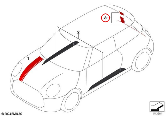 Lâmina adesiva para portão traseiro JCW Chili Red OEM 51145B75B04 para MINI F65 Cooper C, Cooper S. Original MINI.