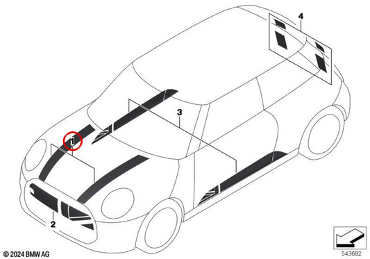 Película adesiva para capot Heritage branca OEM 51145B75F80 para MINI Cooper C e Cooper S F65, F66... e mais. Original MINI