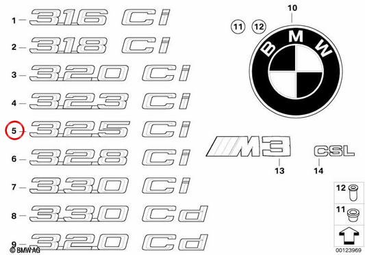 Emblema autocolante traseiro 325Ci OEM 51147025253 para BMW Série 3 E46 325Ci Coupé. Original BMW