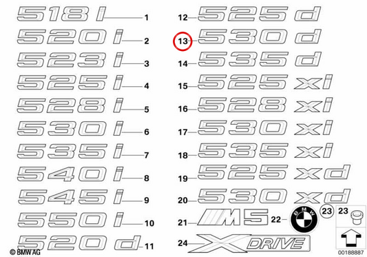 Logo Bads 530d OEM 51147039787 pour BMW E60, E61. BMW d'origine.