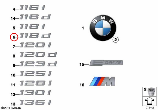Emblema traseiro para BMW Série 1 E81, E82, E87, E88, F20, F21 (OEM 51147135549). BMW genuíno
