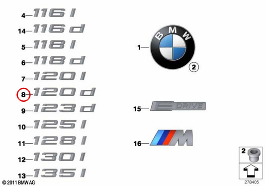Emblema adhesivo trasero OEM 51147135550 para BMW Serie 1 E81, E87, E82, E88, F20, F21. Original BMW.