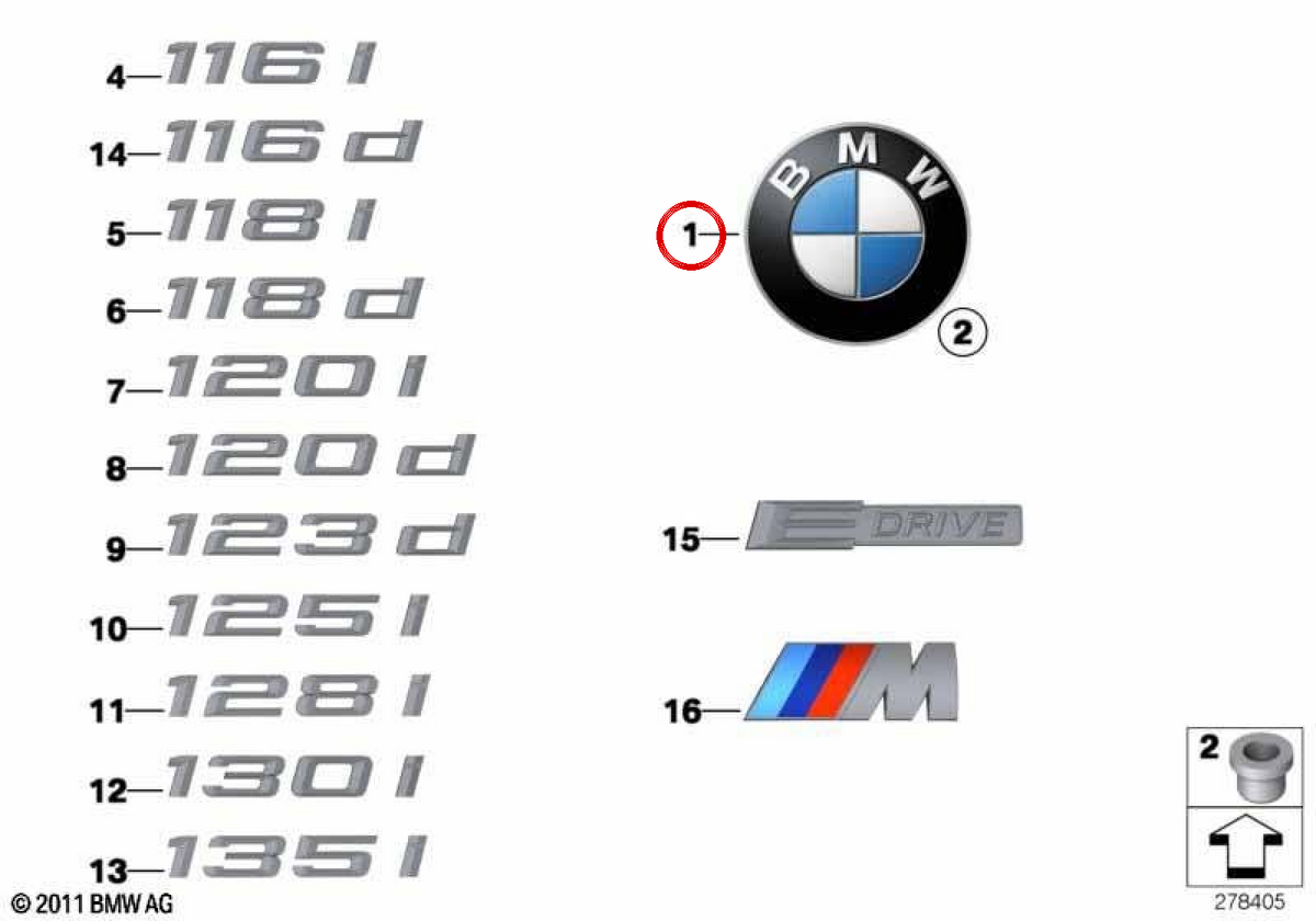 Targa emblema OEM 51147166445 per BMW E82, E88, 118d, 120d, 120i... e altro ancora. BMW originale.