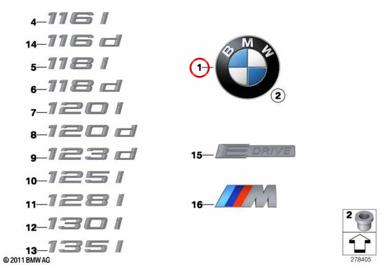Targa emblema OEM 51147166445 per BMW E82, E88, 118d, 120d, 120i... e altro ancora. BMW originale.