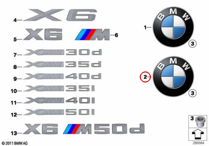 OEM 51147196559 rear logo for BMW X6 E71, E72 Hybrid. Original BMW.