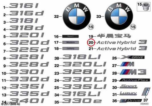 Emblema posteriore "BMW" OEM 51147294365 per BMW F30. BMW originale.