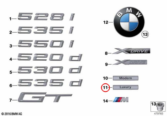 Side Emblem "Luxury Line" OEM 51147294500 für BMW F23, F45, F30, F30, F31, F34, F35, F32, F33, F36, F07N, F10N, F11n. Original BMW.