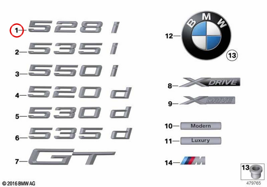 Emblema "GT" OEM 51147329738 per BMW F07. BMW originale.