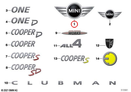 Emblema trasero OEM 51147351370 para MINI Clubman F54, Cooper, Cooper D (2015-2019). Original MINI.