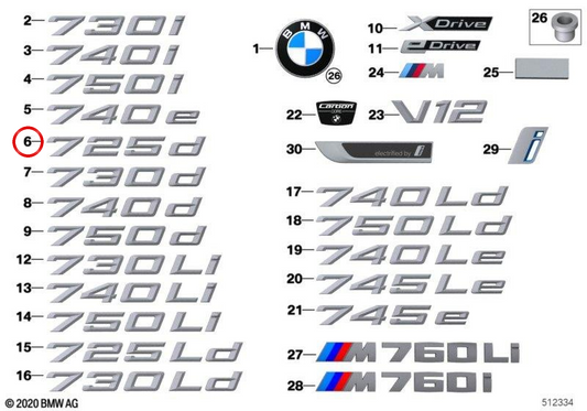 Emblem "Schriftzug" OEM 51147376818 für BMW G11, G12. Original BMW.