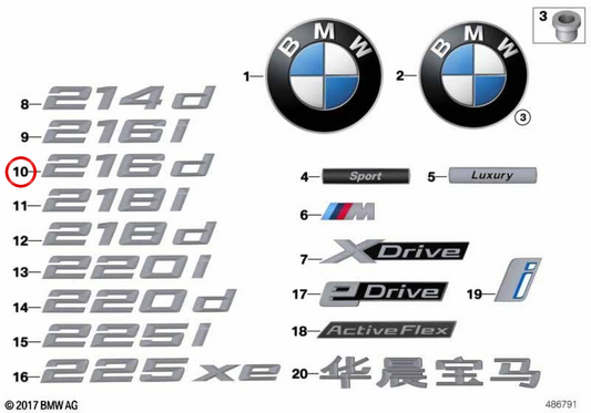 Emblem "XDrive 18D" OEM 51147383513 for BMW F45, F46. Original BMW.