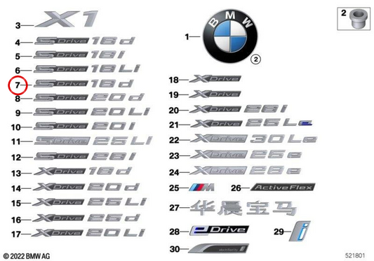 Emblema trasero "X1" OEM 51147406663 para BMW F48 (todos los modelos y años compatibles). Original BMW.