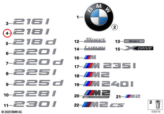 OM rear emblem 51147423375 for BMW F22, F23. Original BMW.