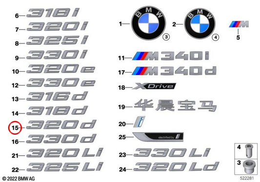 Emblema "M340i" OEM 51147457179 para BMW G20, G21. BMW genuíno.