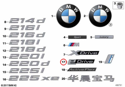 Emblem "BMW" Right Rear OEM 51147461720 for BMW F45, F46. Original BMW.