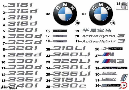 Emblema "BMW" Lato sinistro OEM 51147477807 per BMW F30, F31. BMW originale.