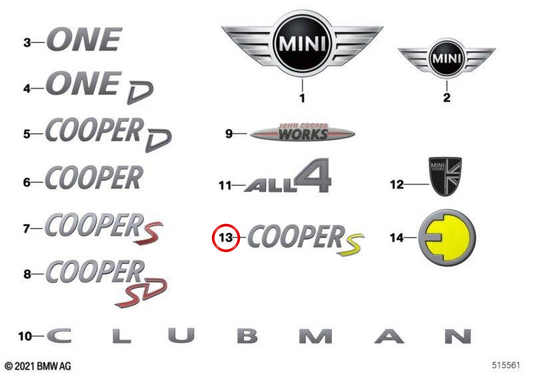 COOPER S Außenbeschriftung OEM 51147954098 für MINI Cooper SE F56 BEV, F56 BEV LCI u. mehr. Original MINI.