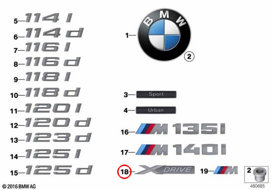 "BMW" Emblem für BMW 1 F20 -Serie, F21. Original BMW. OEM 51148060262.