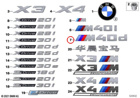 Emblema "XDrive 30i" OEM 51148072701 per BMW G01, G02. BMW originale.