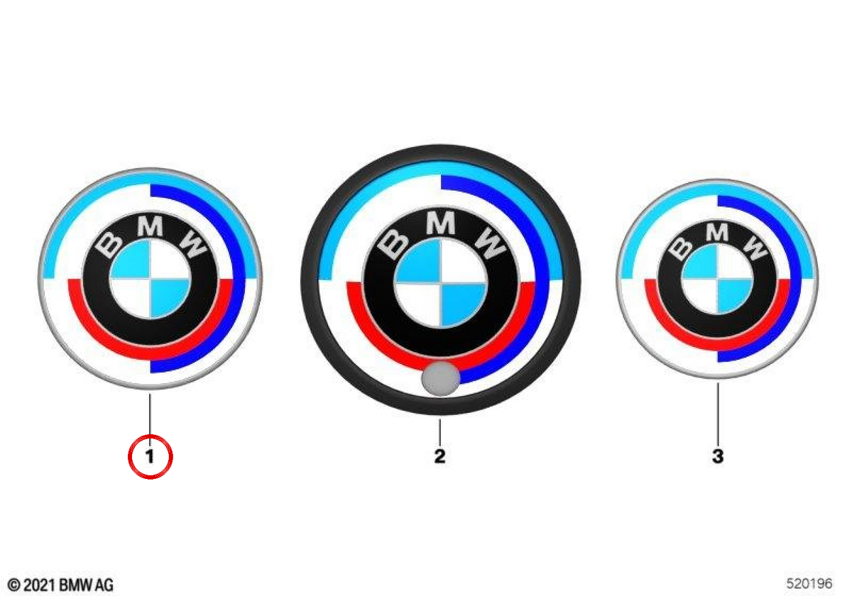 50 years M emblem for front fin Ø82mm OEM 51148087188 for BMW F40, F44 Gran Coupé ... and more. Original BMW.