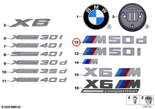 ** Emblem "x6" OEM 51148092874 pour BMW G06 **  
Compatible avec: BMW X6 (G06)  
Produit BMW d'origine.