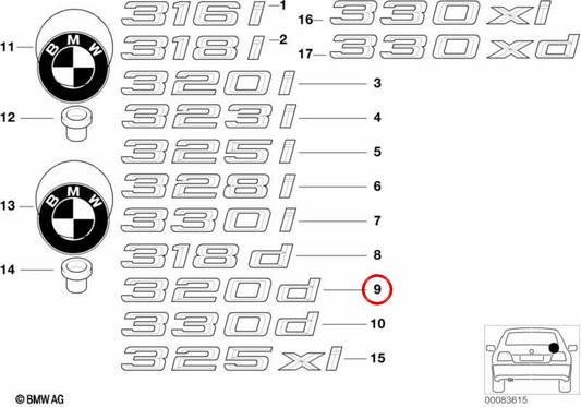 Emblème autocollant arrière OEM 51148255239 pour BMW Série 3 E46 318d, 320d. Véritable BMW.