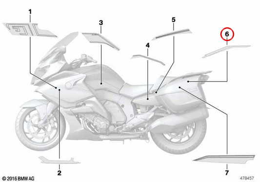 Decoración tapa maleta superior izquierda OEM 51148396687 para motos BMW K1600GT, K1600GTL. Original BMW Motorrad.