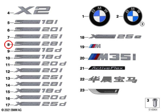 Emblema "xDrive 20d" OEM 51148496008 para BMW F48, F39. Original BMW.