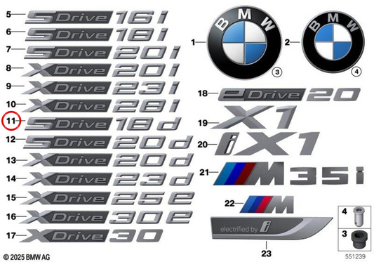 Emblème "x1" pour BMW U11. BMW d'origine.