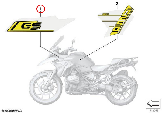 Beschriftung rechter vorderer Kotflügel OEM 51149457798 für BMW R1200GS, R1250GS Motorräder. Original BMW Motorrad.